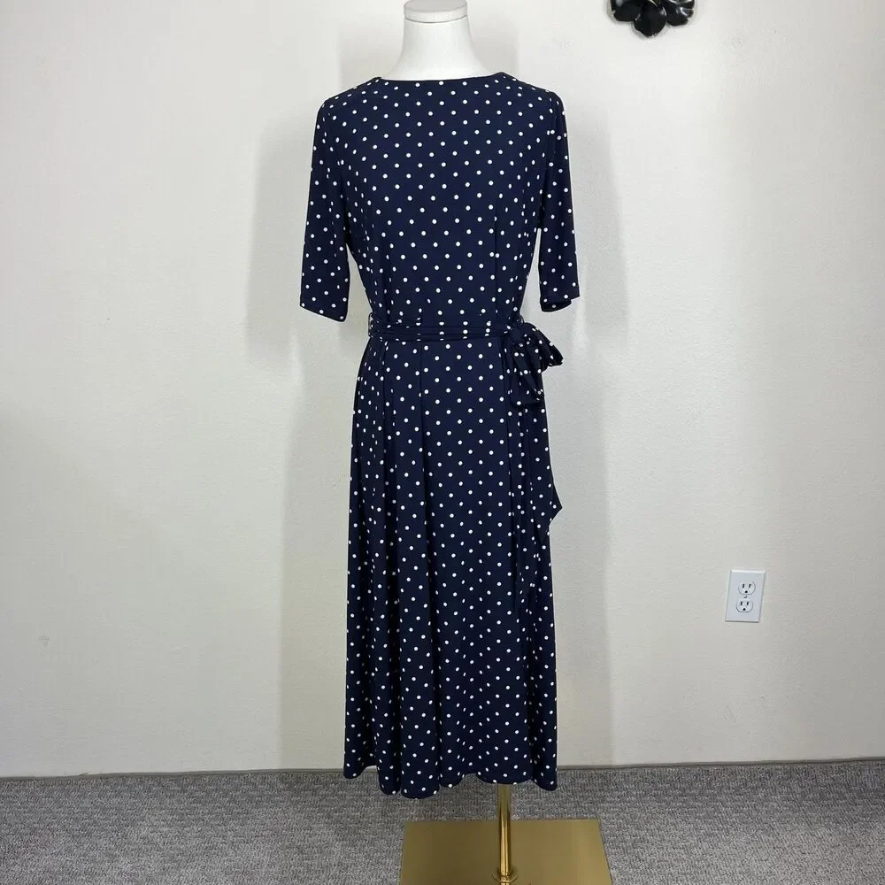 Anne Klein Dress Womens 10 Blue Polka Dot Belted Midi Fit Flare Work Office - Picture 1 of 8